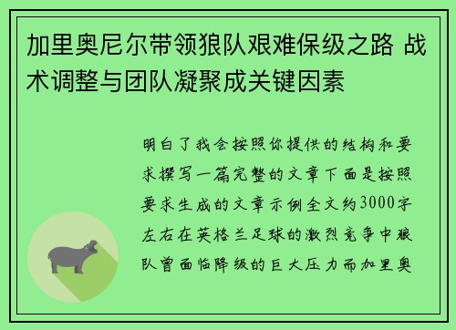 加里奥尼尔带领狼队艰难保级之路 战术调整与团队凝聚成关键因素
